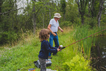 grandfather and granddaughter fishing together 
