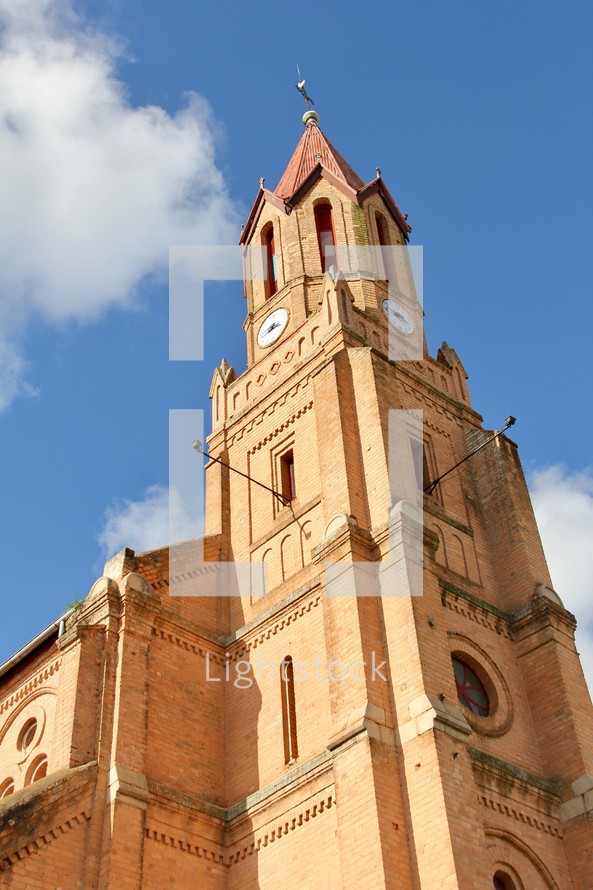 church steeple against a blue sky 