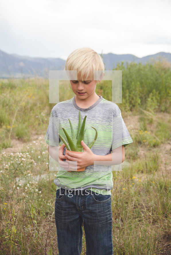 boy child holding an aloe plant outdoors 