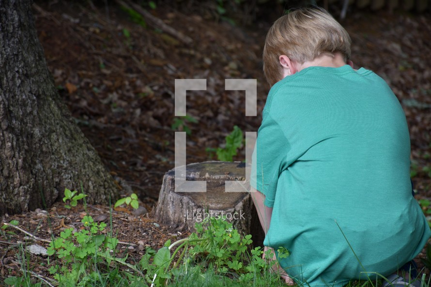 a little boy exploring nature, hunting for bugs outdoors 