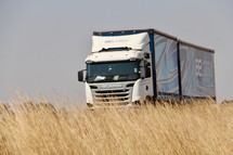 semi truck and tall brown grasses 