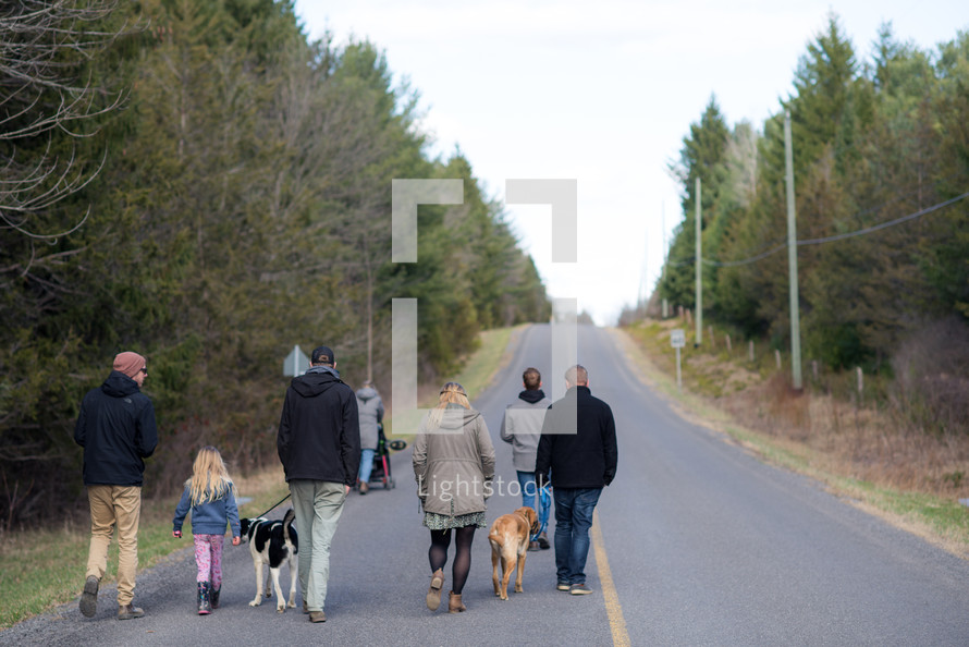 a family walking together with dogs 