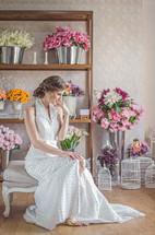 A bride in a flower shop. 