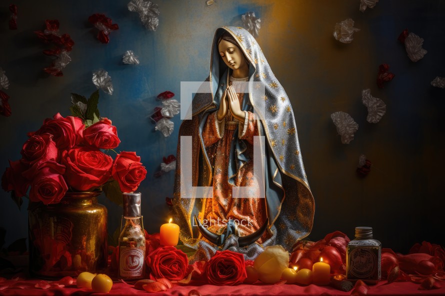 Blessed Mother Mary with red roses and candles on dark background