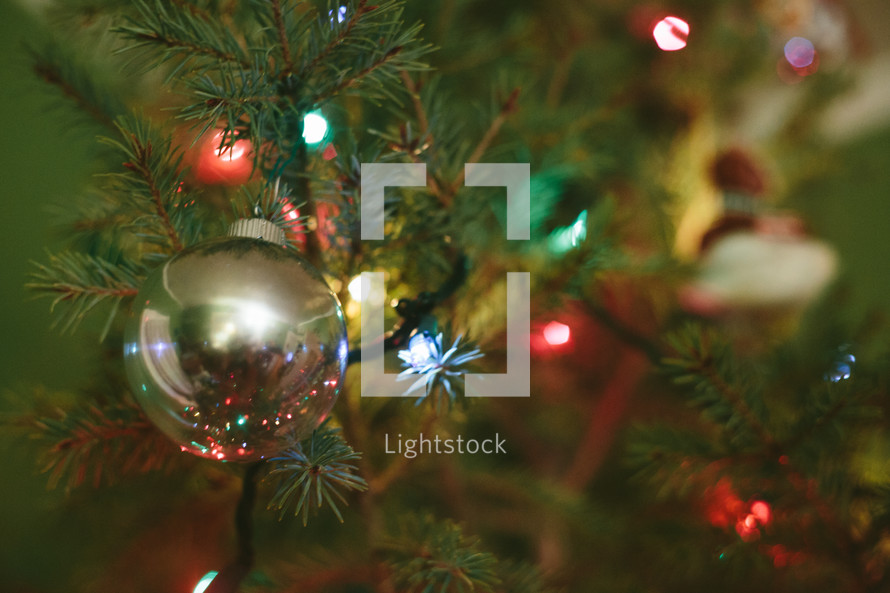 Christmas tree, ornaments, and lights 