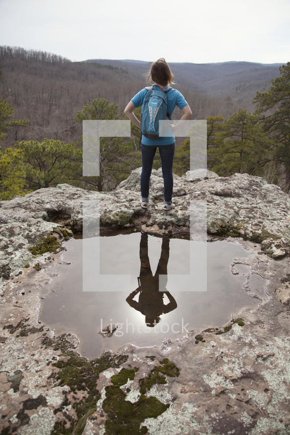Reflection of a person wearing a backpack in a pool of water in a rock.