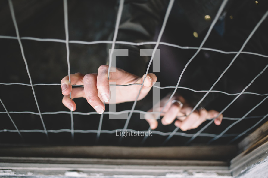 A woman's hands grasp a wire barrier.