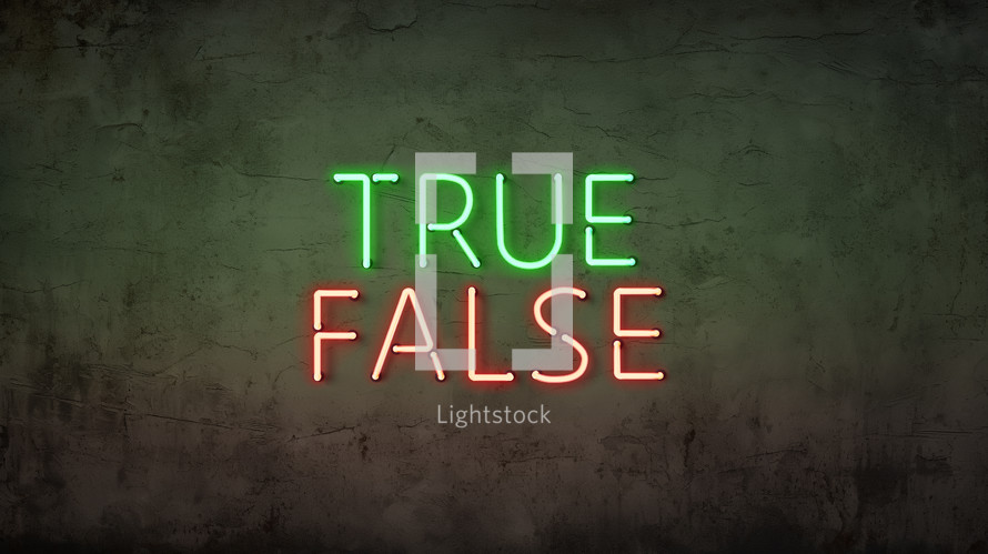 A neon sign with the words "true" and "false" on a grunge background. 