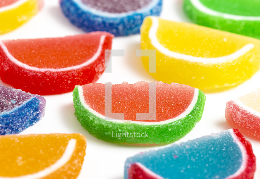 variety of multicolored fruit slice candy 