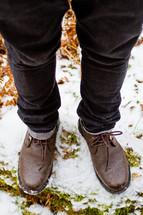 Legs and shoes standing in the snow.