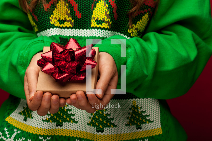 cupped hands holding a gift box for Christmas 
