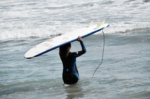a female surfer carrying her surfboard into the ocean 