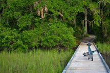 bikes on a boardwalk through a marsh 