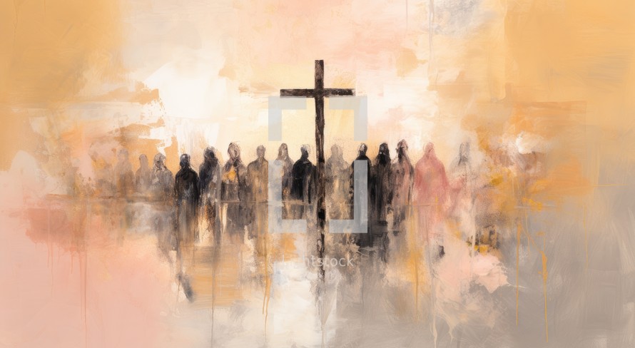 Crowd of people in front of a wooden cross. Easter background