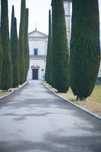 trees lining a driveway to a Chateau 