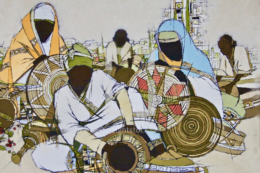 artwork sketch of artisans weaving baskets 