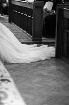 wedding dress train in a church 