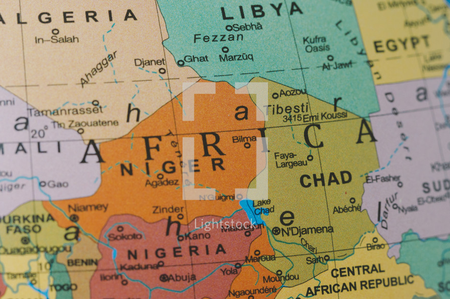 close up of a map of Africa, including, Libya, Chad, Nigeria, Algeria 