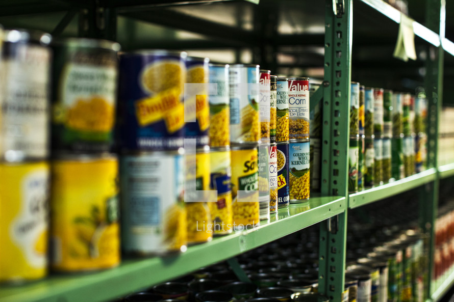 canned food on the shelves in a food pantry