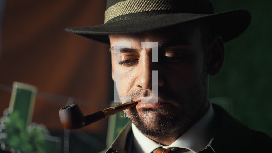 Detective smokes a pipe in a pub