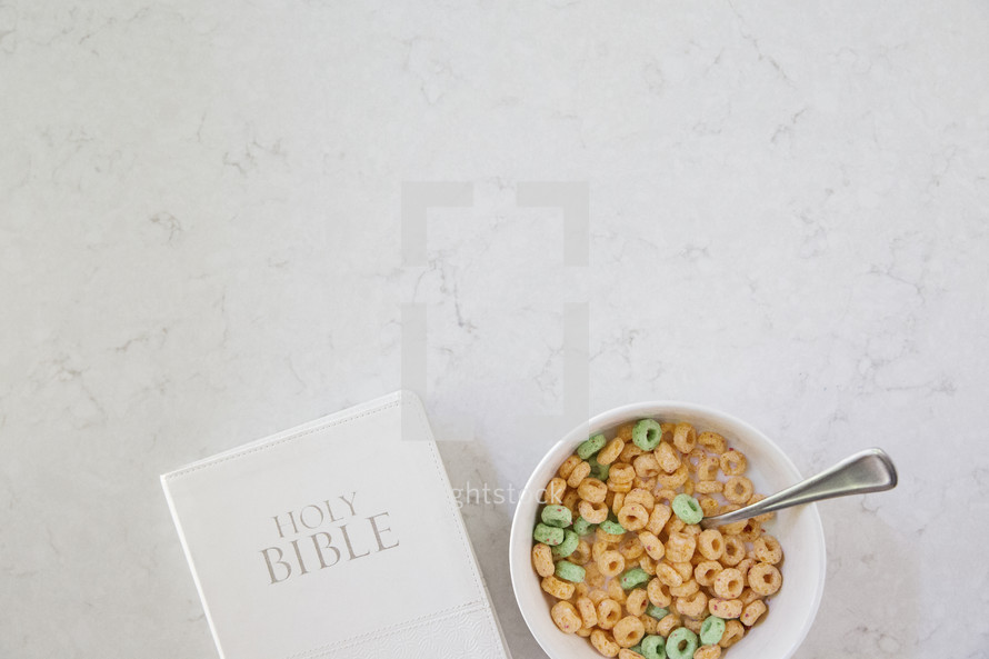 Holy Bible and milk and cereal 