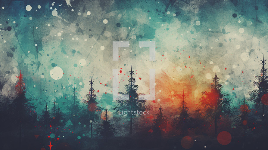 Grunge background with trees and snowfall. 