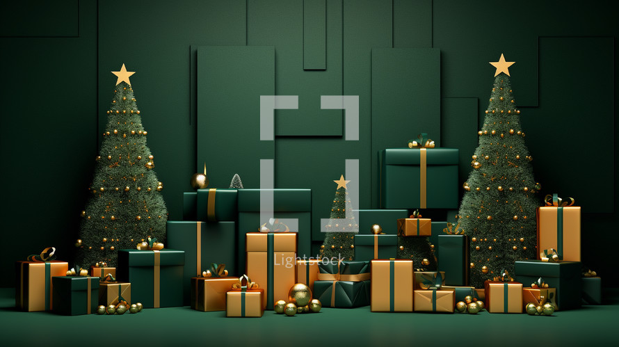 Gifts and presents wrapped in green and gold with Christmas trees. 