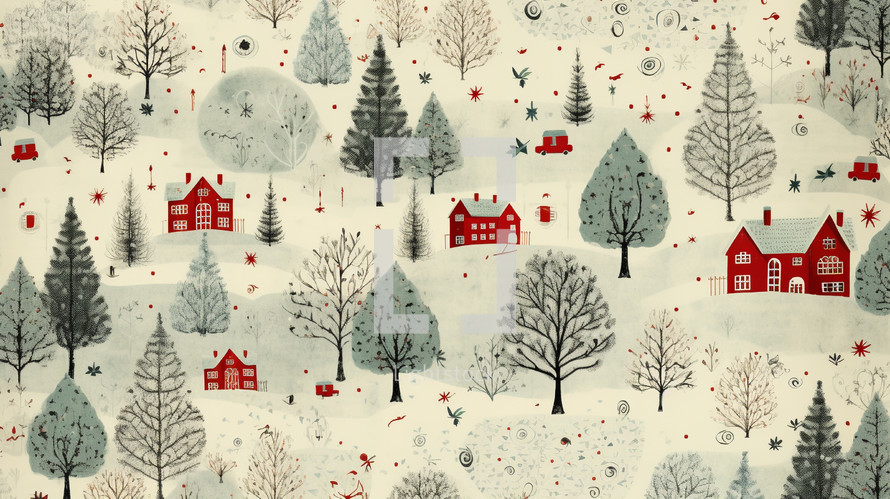 Illustrated winter country scape with trees and houses. 
