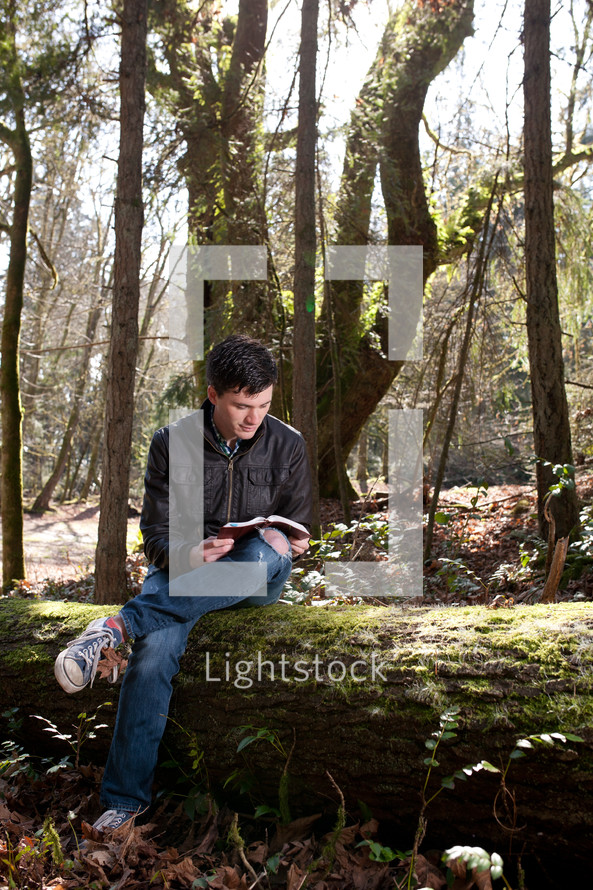 Man sitting on a fallen tree in the woods reading his Bible.