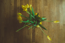yellow tulips on a wood background 