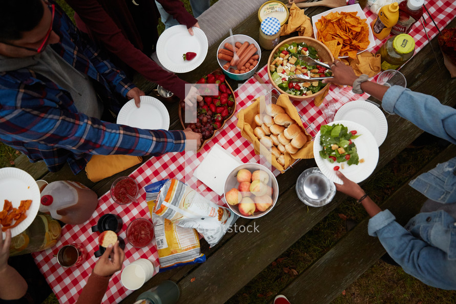 overhead outdoor picnic with food on a table and gingham tablecloth