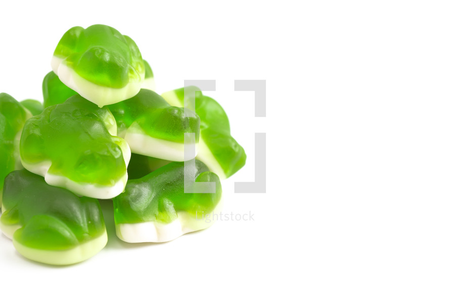 Gummy Green Frogs with a Marshmallow Candy Bottom Layer Isolated on a White Background