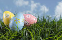 decorated Easter Eggs in Green grass 