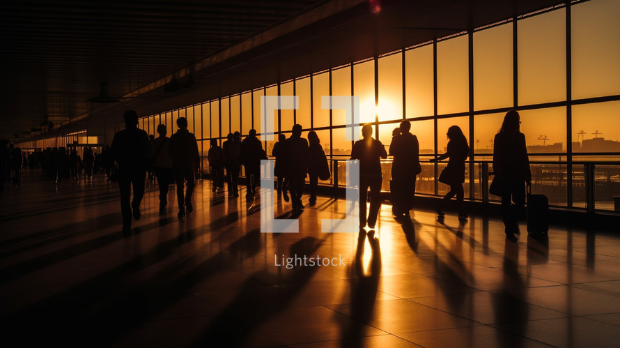 Travellers at an airport at sunset. Travel concept. 