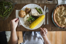 A person sitting at the dinner table in front of a plate of food.