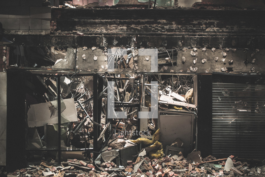 destroyed, collapsed, abandoned, building, store, ruined, destruction 