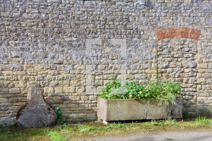 planter in front of a stone wall 