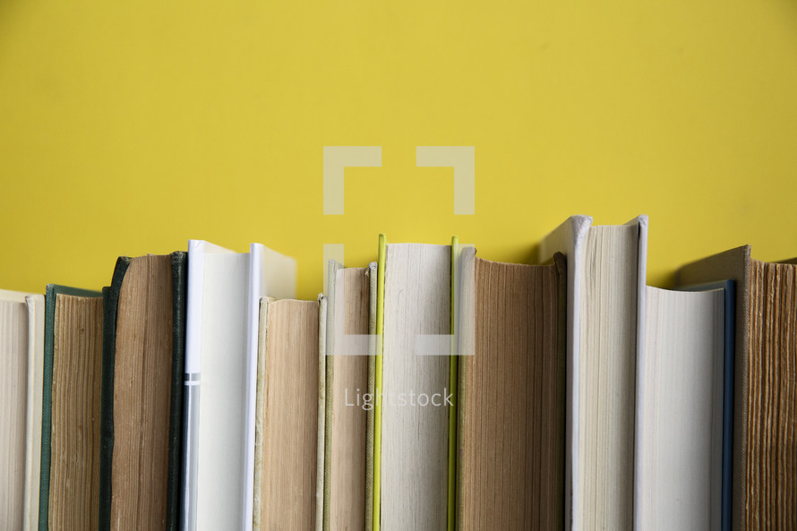 row of books against a yellow wall.