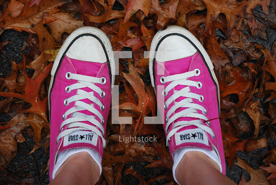 hot pink Shoes in the leaves.