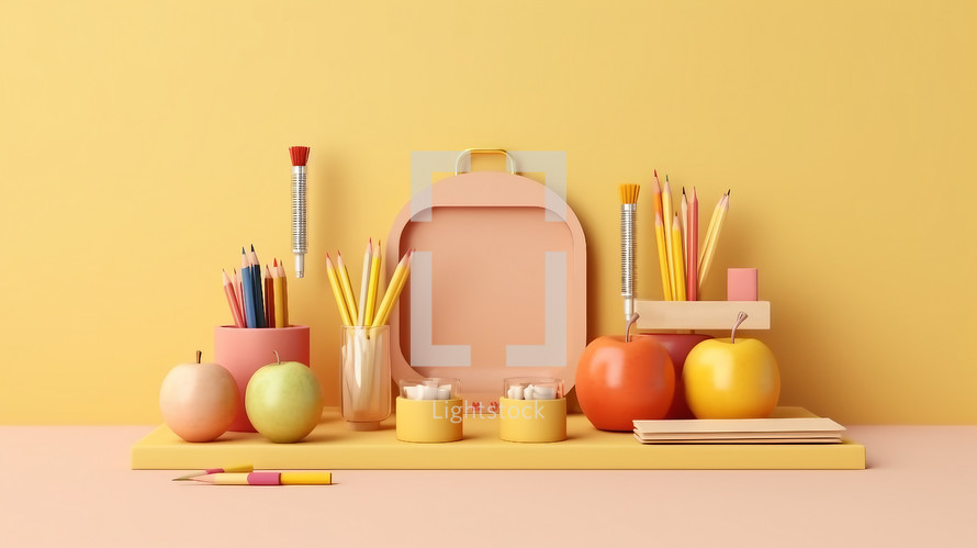 Back to school background with empty space in the middle. with apples and pensils