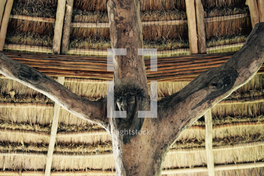 A carving of Jesus on the cross carved into a tree in the Saint Frances Chapel 