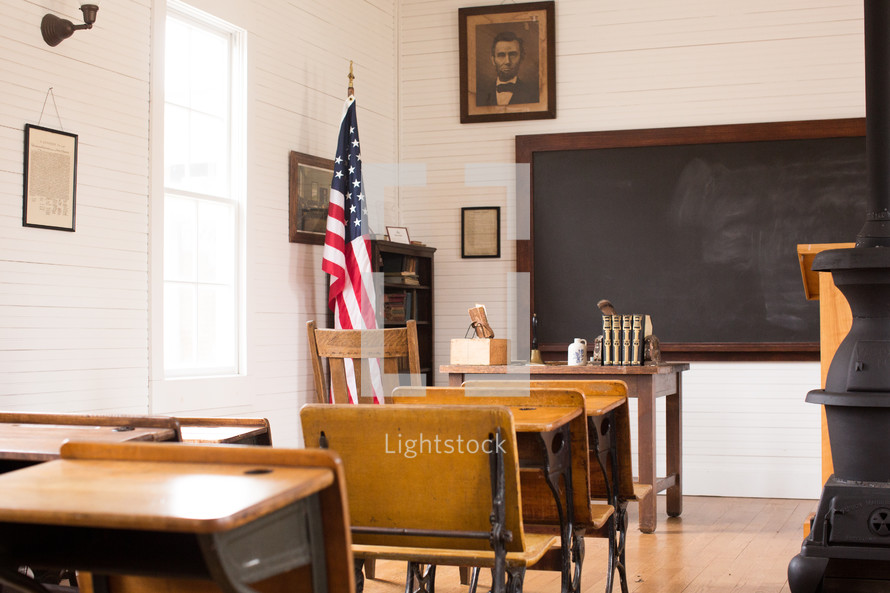 student desks in a classroom 