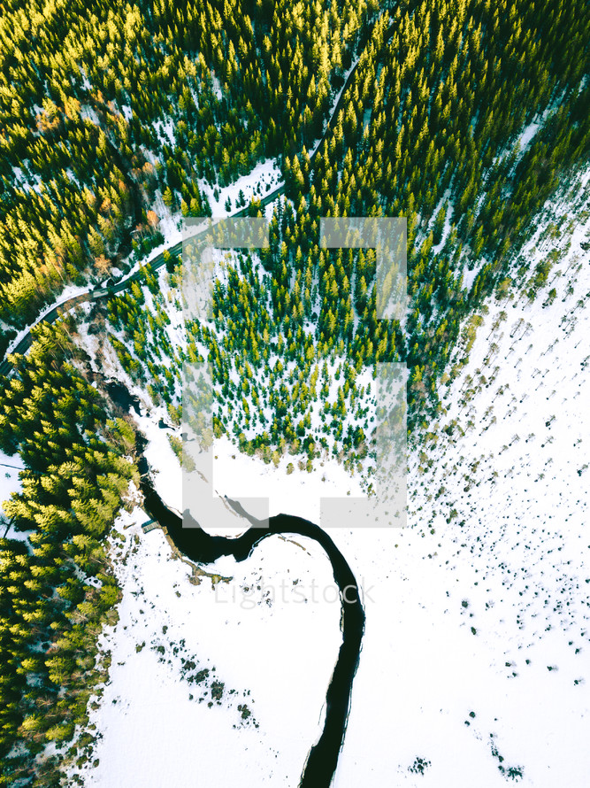 aerial view over an evergreen forest and river in winter 