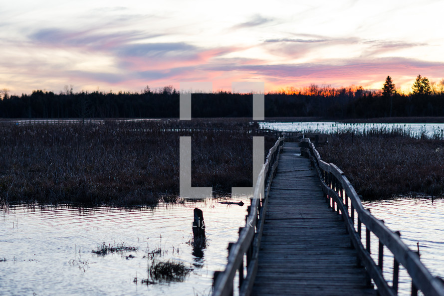 wood foot bridge over a marsh 