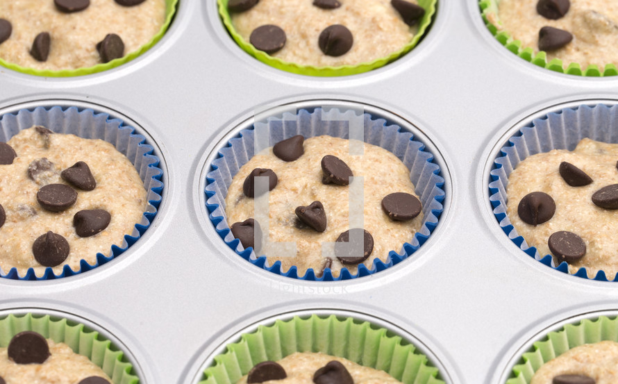 chocolate chip muffins in a baking tin