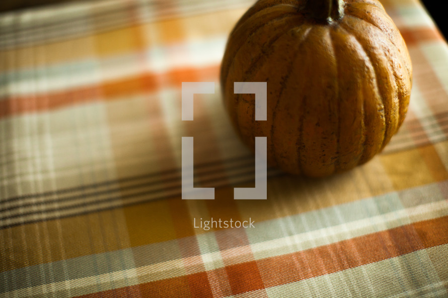 a pumpkin on a plaid table cloth 