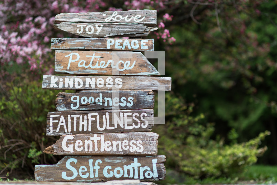 The fruit of the Spirit written on a sign made of rustic wooden planks.