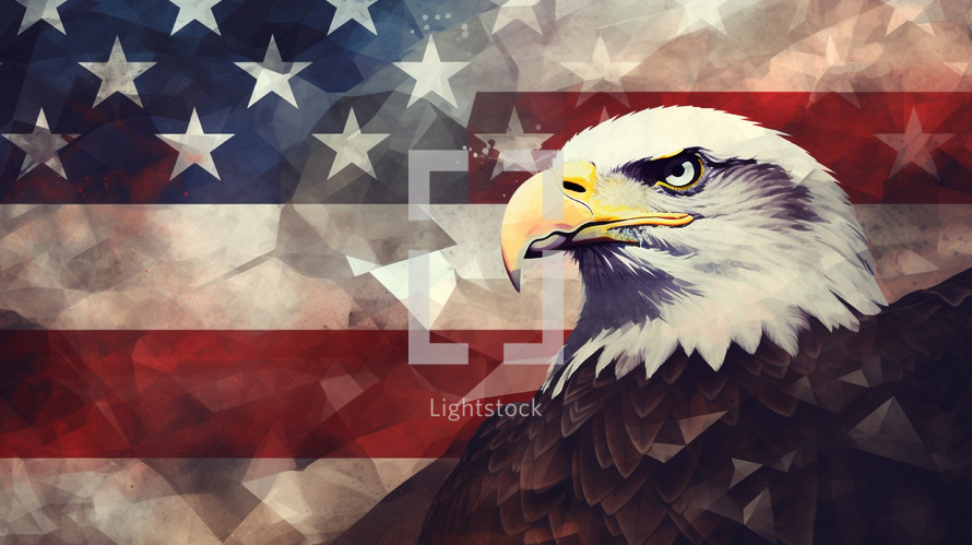 Bald eagle portrait with a grunge American flag in the background. 