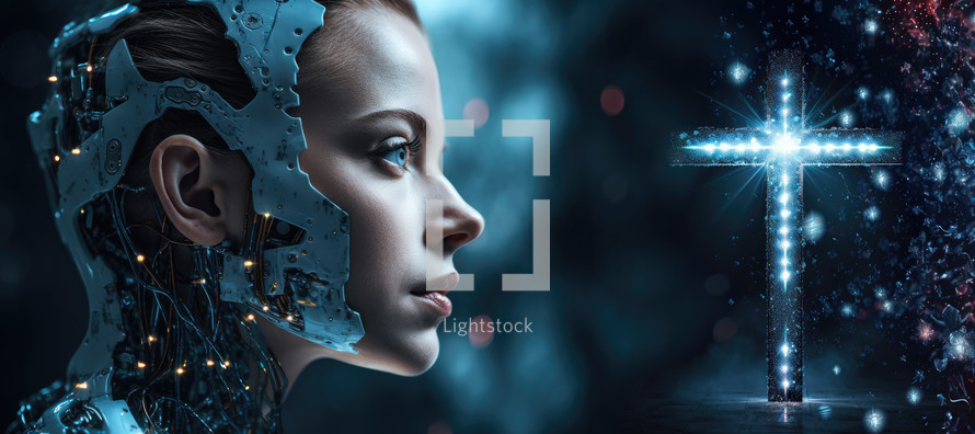 Faith at the Artificial Intelligence Age. Cyborg woman and christian cross on dark background 3D rendering