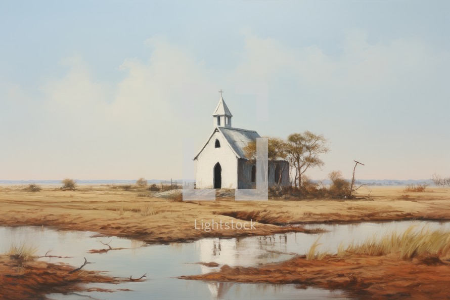 Church in the prairie. Digital painting of a rural landscape.